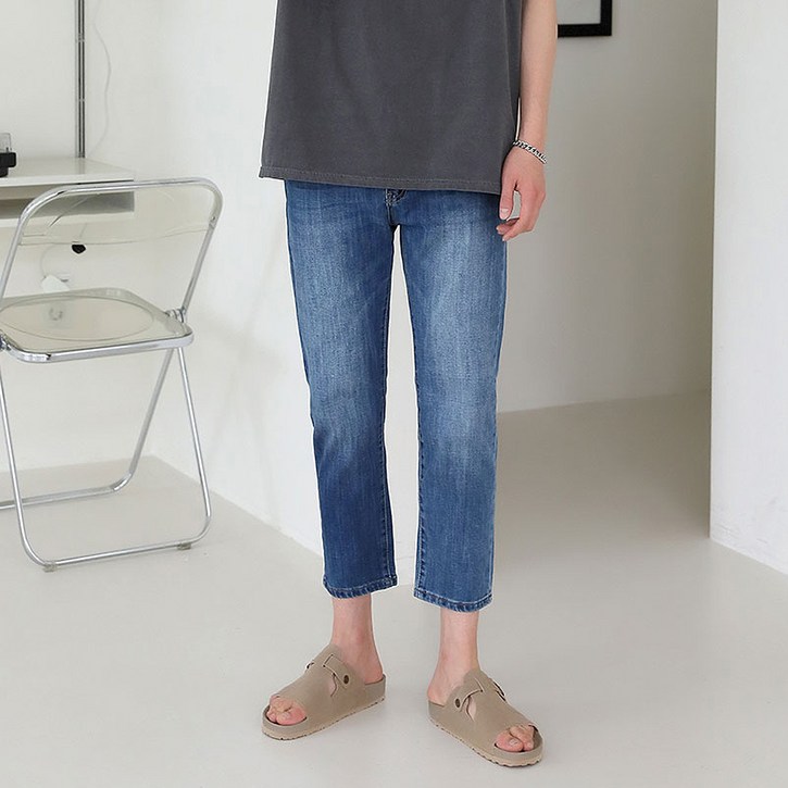 플레이즈 남성용 워싱 슬림 크롭 디테일 일자 청바지