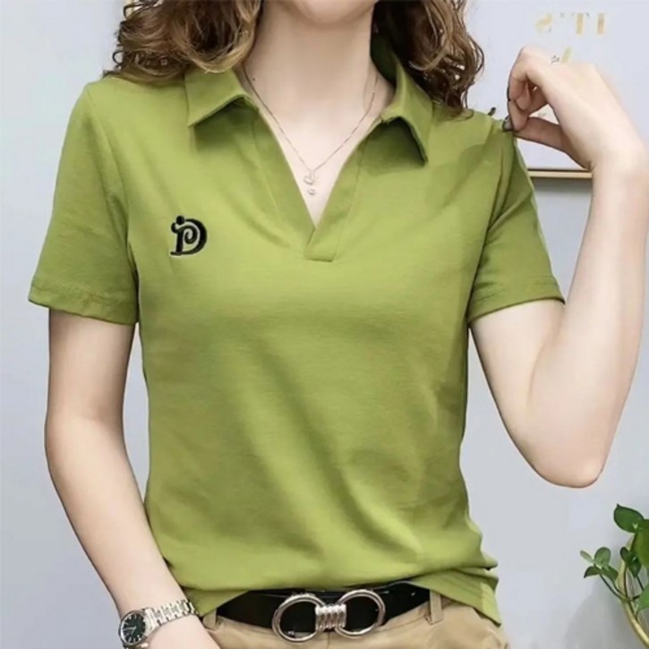 구디프 여성용 브이넥 카라 자수 반팔 티셔츠 7