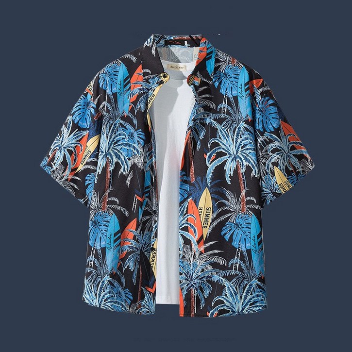남성 하와이안 비치 야자수 빈티지 세미 오버핏 카라 셔츠