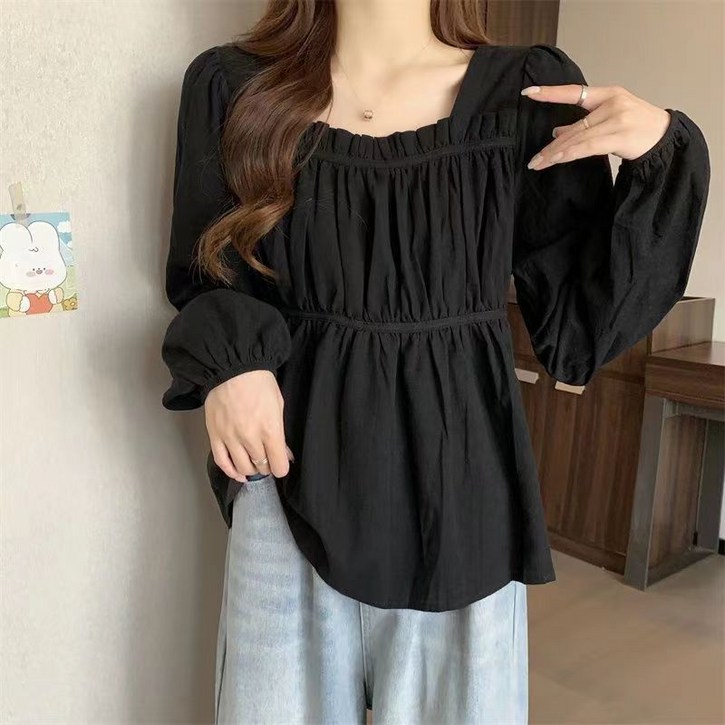 Makone 여성 스퀘어넥 프릴 퍼프 소매 솔리드 심플 엘레강스 큐티 데일리 블라우스