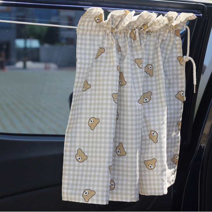 예스베베 2개 아기 차량 햇빛가리개 커튼형, 체크곰돌이, 2개
