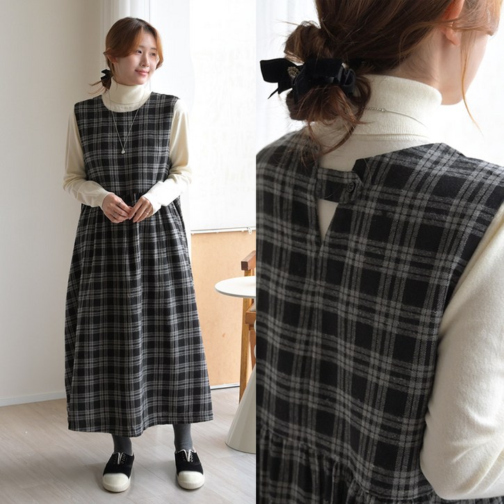 데일리앤 리리 아방핏 기모 뷔스티에 레이어드 체크 롱 플레어 울 모직 가을 겨울 원피스