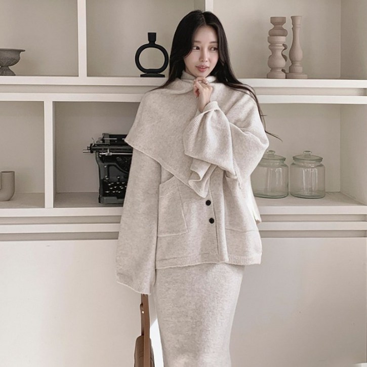 떳다그녀 메리온 숄 가디건 치마 3피스 겨울 포근무드 니트 셋업 케이프 루즈핏 H라인 롱스커트 세트