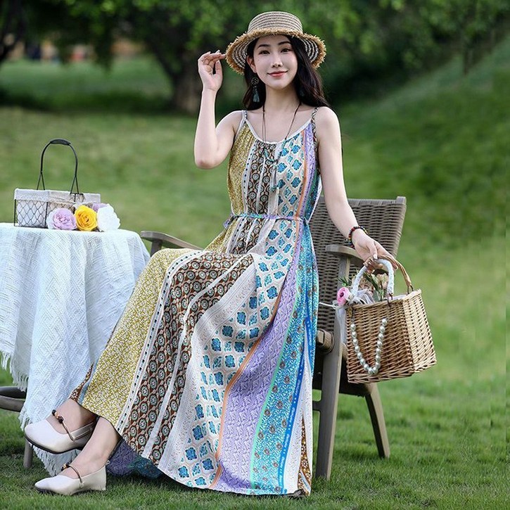 swygsqql 여성 뷔스티에 원피스 여름 플라워 바캉스 분위기 민소매 롱 원피스