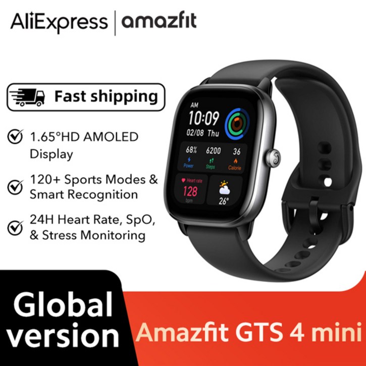 호환 글로벌 버전 아마즈핏 GTS 4 미니 1.65인치 울트라 HD AMOLED 디스플레이 알렉사 내장 24시간 심박수 측정 120가지 스포츠 모드 스마트워치