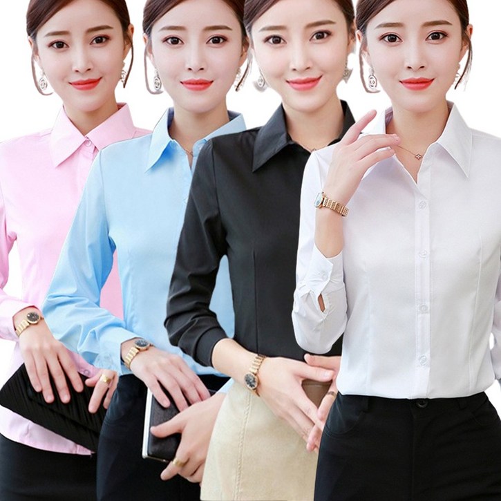 [4종] 로로비 구김없는 여성 긴팔 슬림핏 스판 셔츠 기본 면접 블라우스 화이트 블랙 블루 핑크 캐주얼