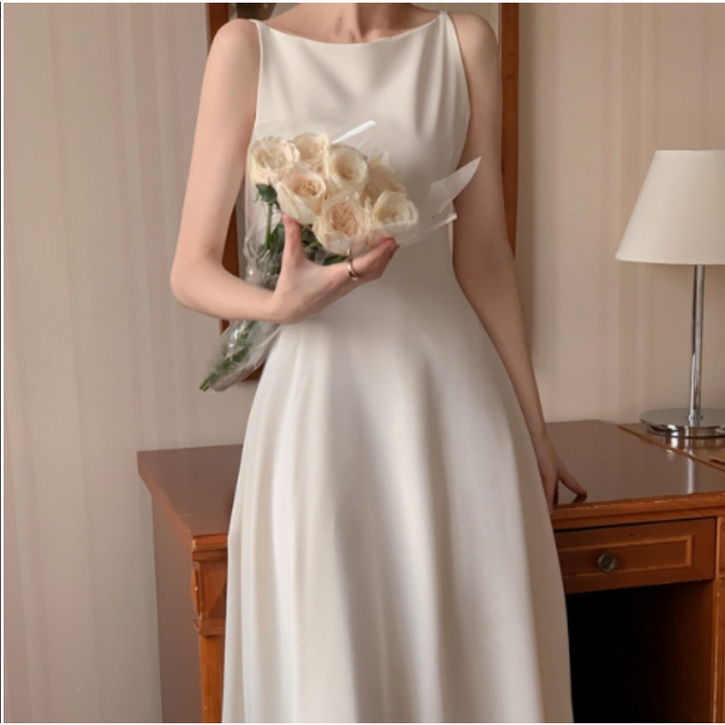 스몰웨딩 하객룩 끈나시 라운드넥 드레일 롱 슬림 원피스