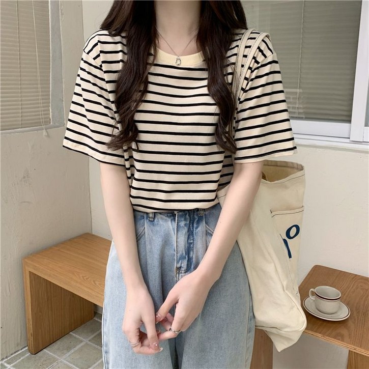 메이푸이 여성 라운드넥 데일리 심플 스트라이프 반팔티 A8