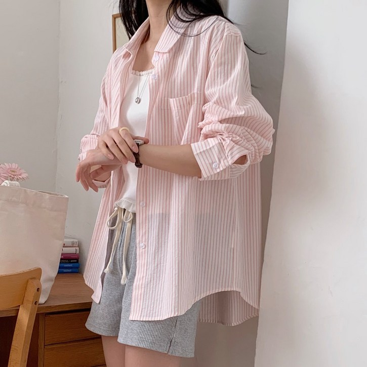 데일리 여성 스트라이프 셔츠 긴팔 남방 카라셔츠 빅사이즈 루즈핏