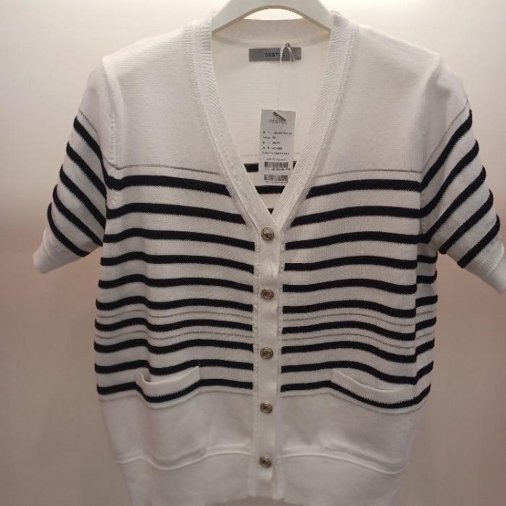 라티움 Destijl 짧은 단가라 스트라이프 주머니 브이넥 반팔 니트티형 가디건 D2552cd04W 33539352 2080197