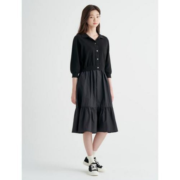 [빈폴레이디스] [리오더] 블랙 7부 소매 풀오버 패치 니트 드레스 (BF285UU025)