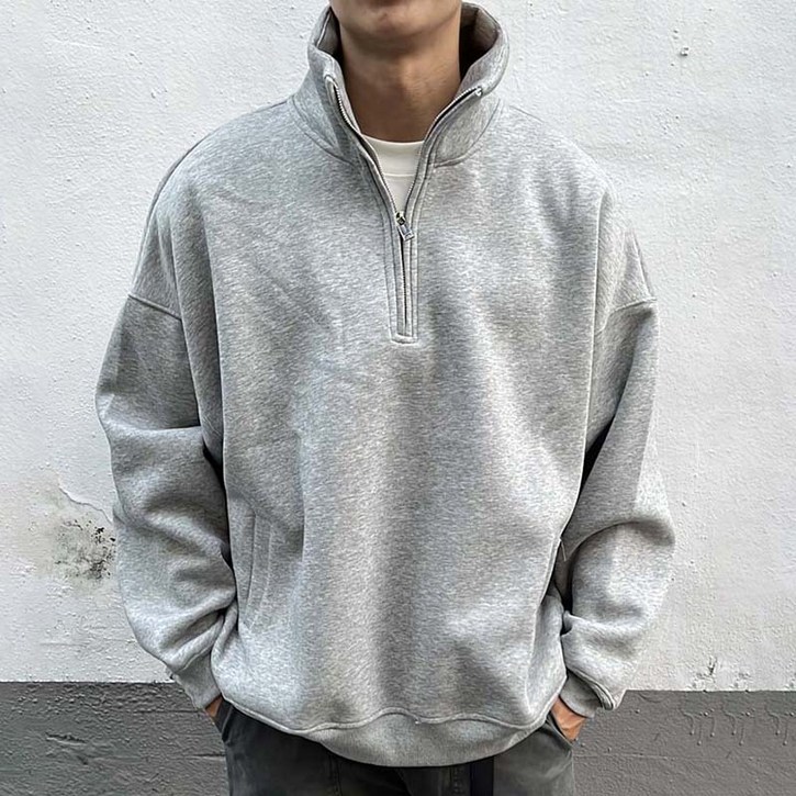 남성 반집업 루즈핏 하이넥 긴팔 맨투맨 무지 캐주얼 데일리 오버사이즈  봄 가을용 베이직 코디  아우터