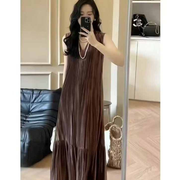 미중 여성 여름 뉴 벨벳 누름 주름 무지 패션 브이넥 민소매 기질 A라인 박시 롱원피스 xyy