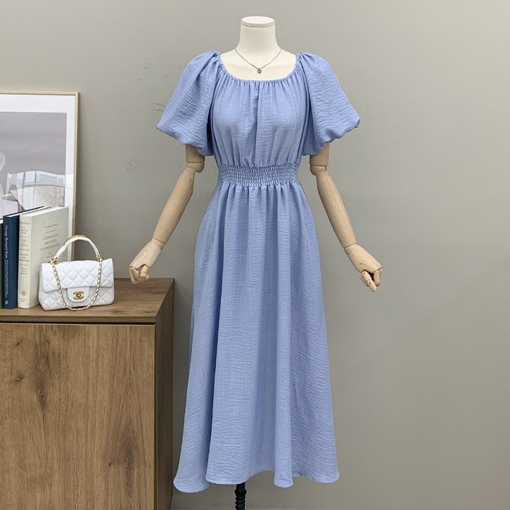 행복여 리온 넥 셔링 벌룬 소매 밴딩 플레어 원피스