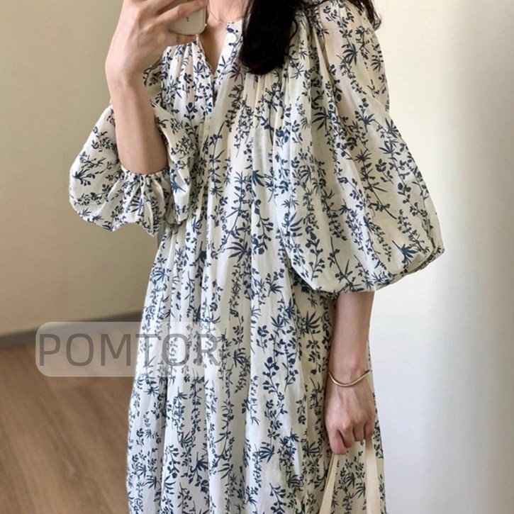 POMTOR 여성 벌룬소매 긴팔 루즈핏 휴양지 플라워 롱 원피스