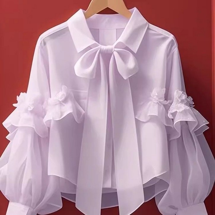 초가을 신상 프릴 톱 여 2025 고급스러운 프렌치 유니크하고 예쁜 그린 리본 긴팔 블라우스