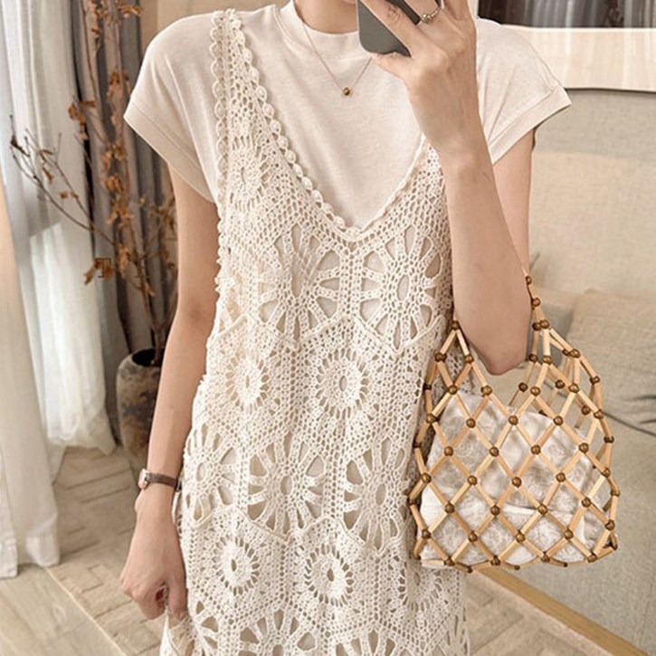 모던허니 여름 펀칭 롱 니트 나시 원피스 민소매 A라인 슬림핏 바캉스룩 레이어드룩