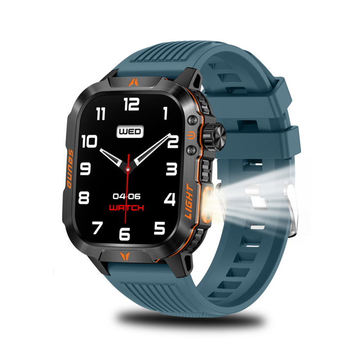QTLLBT 스마트워치, IP68 방수, LED 손전등이 탑재된 야외 전술 시계, 내구성 있는 디자인, 블루투스 통화, 600mAh 배터리, 나침반, GPS 및 음성 지원, Blue, 5.1cm, 블루투스