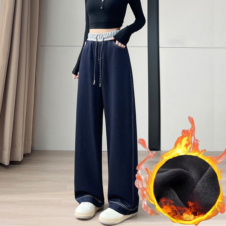 모몰라티 여성 융기모 와이드 청바지 허리밴딩 일자핏 데님 팬츠