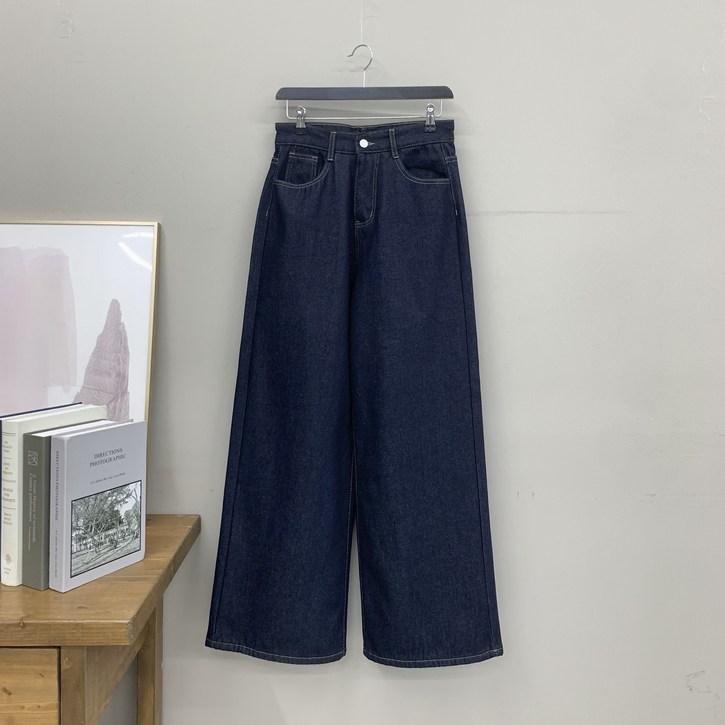 [행복여] 로그 난스판 스티치 생지 융 기모 와이드 데님 청바지