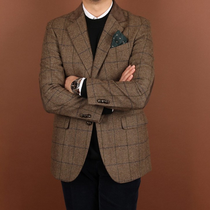 로얄수트 가을 겨울 엘보패치 헤링본 울 콤비 자켓 남자 블레이저 마이