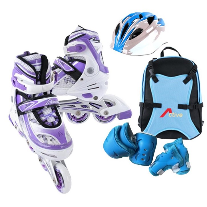 휠라인라인 [인라인세트] 사이즈 조절형 아동용 발광바퀴 인라인 스케이트+헬멧+보호대+가방, 스마트 퍼플