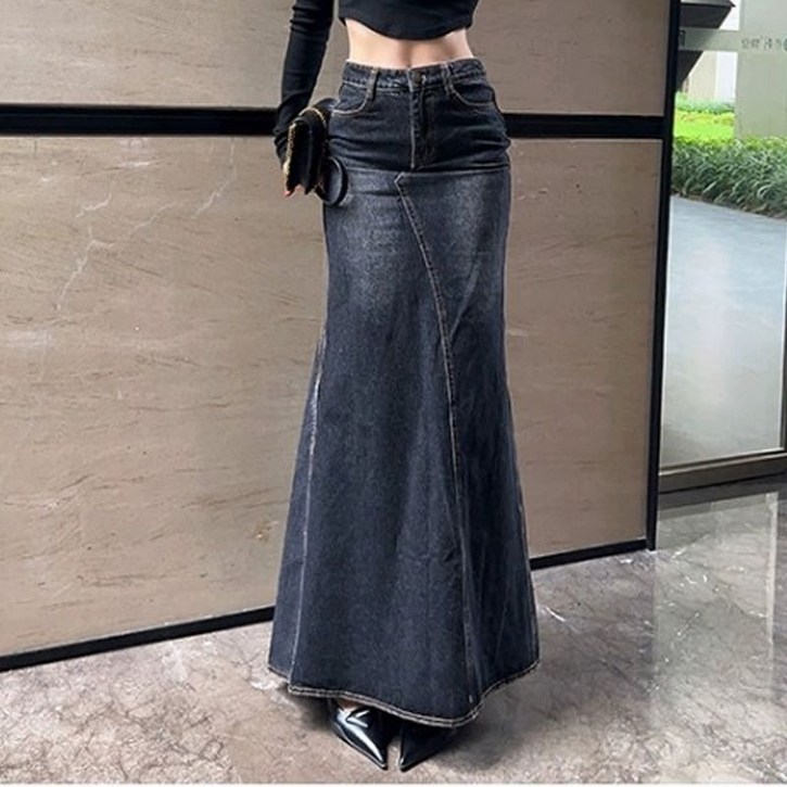 청 스커트 데님 미디 슬림핏 머메이드 롱치마