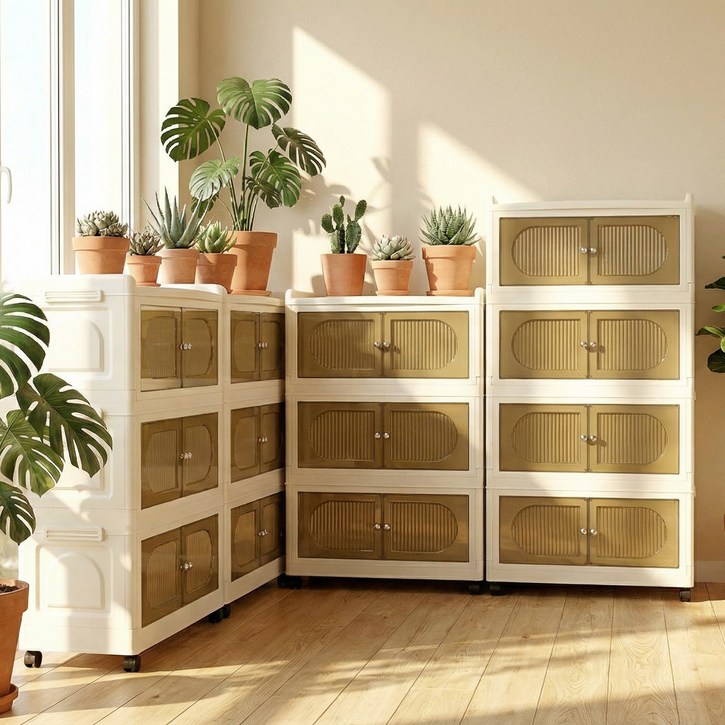 SHE-U 플라스틱 리빙박스 접이식 다용도 이동식 수납장 대용량 정리함 거실 부엌 침실 폴딩박스 3단 4단 5단 수납장, 단일색상, 4개