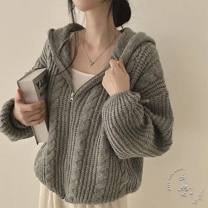 예쁨시전 오버핏 소장템 간절기 겨울 꽈배기 니트 후드 집업 가디건