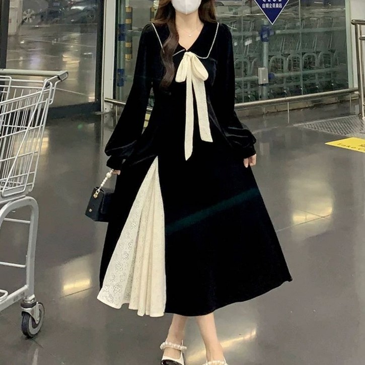 Novastar 여성 가을 겨울 원피스 벨벳 롱원피스 리본타이 드레스 하객룩