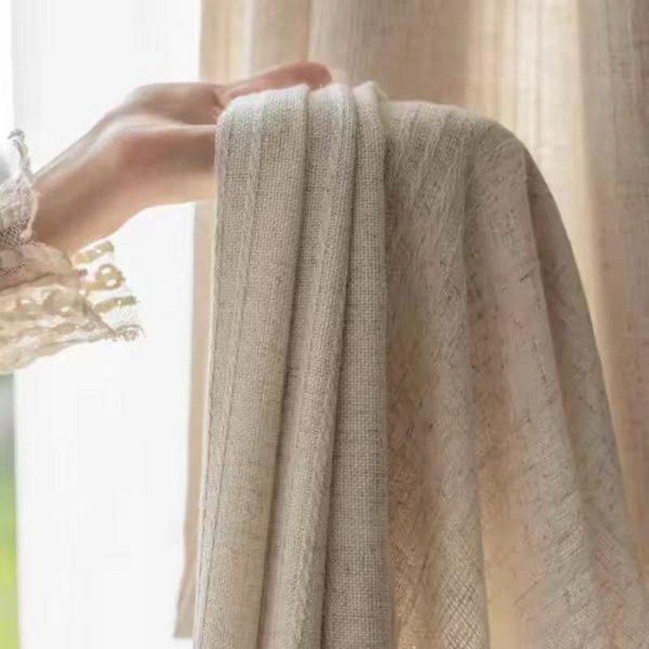 [트렌디 린넨 커튼] 두꺼운 크림색 원사 빛 차단 커튼 거실 침실용 일본식 나무 물결 무늬 시어 프라이버시 드레이프 맞춤 제작