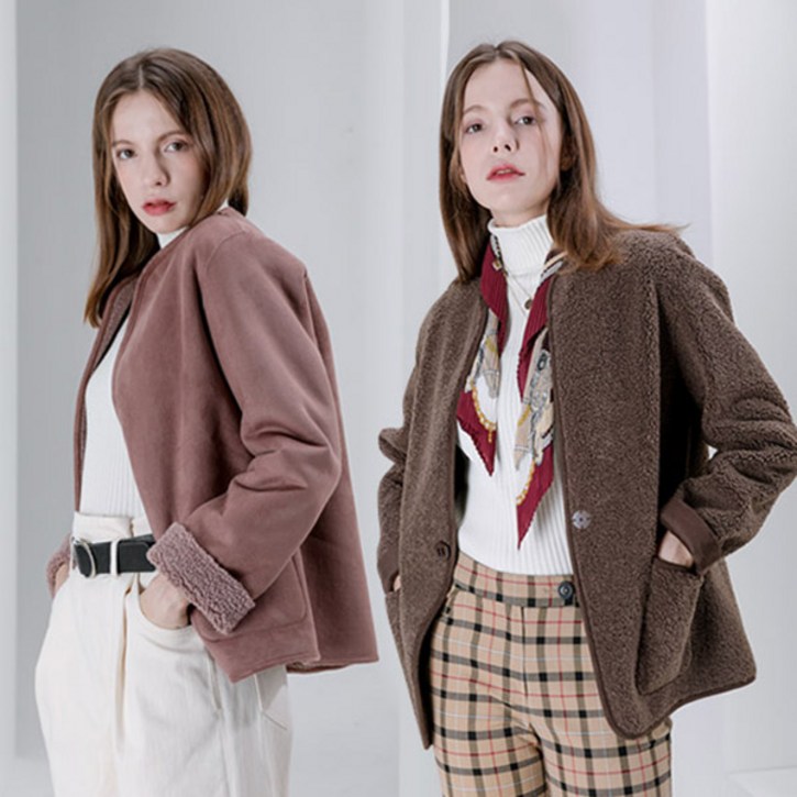 [앙스블랑] 여성 원버튼 노카라 덤블 코트 리버서블 천연 양모 무스탕 숏 자켓 905<특가 행사>