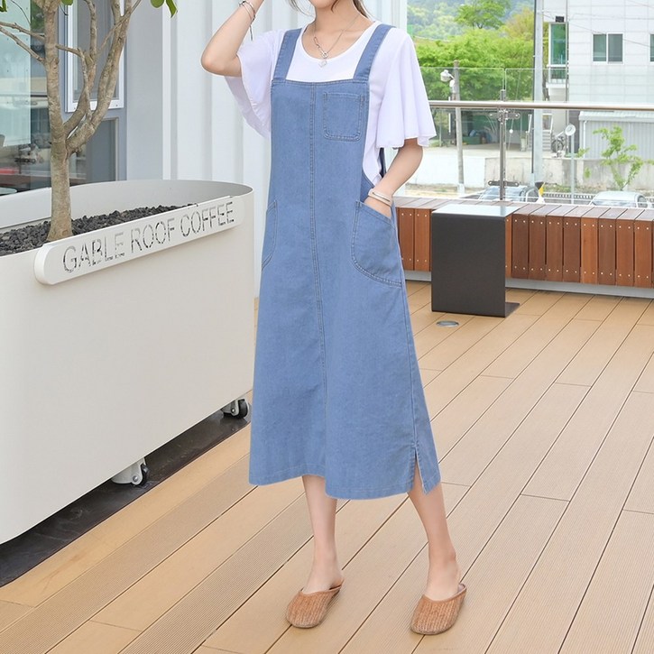 데일리앤 루즈핏 데님 멜빵 롱원피스 첵스