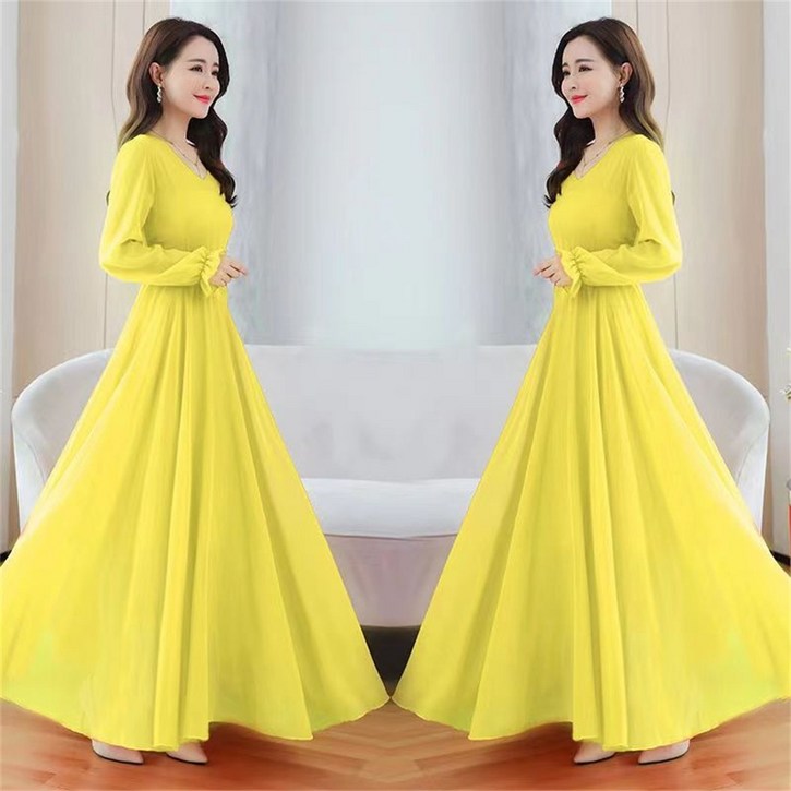 TKX 롱원피스 여성용 긴소매 브이넥 드레스 봄 가을 고급스러운 심플한 디자인 KY97