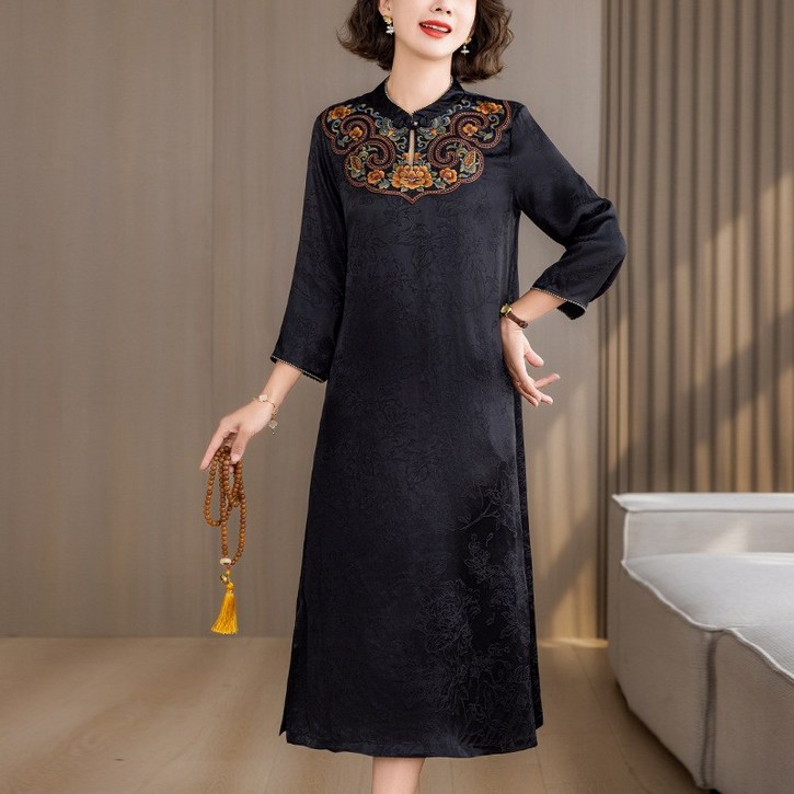 POMTOR 중년 엄마 옷 여성 원피스 봄 가을 40~50대 롱 원피스