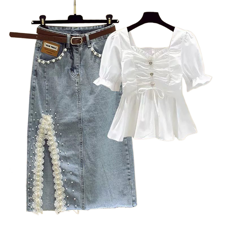 셀럽당 여름 세트 여성 스위트 블라우스 데님 스커트 투피스Q04395