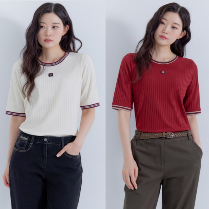 [지센창원]여성 티셔츠 배색 시보리 골지 5부 2색 LCTSP822