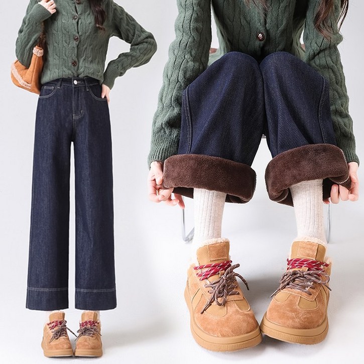 토보샵 키작녀 9부 기모 청바지 일자 세미 와이드 스판