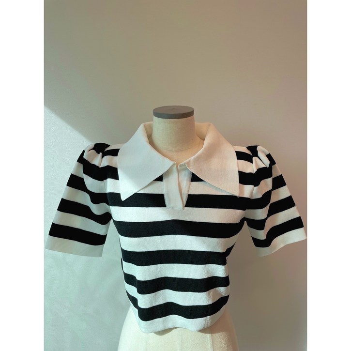 크롭 제니어깨 빅카라 단가라 퍼프 반팔 니트 2컬러