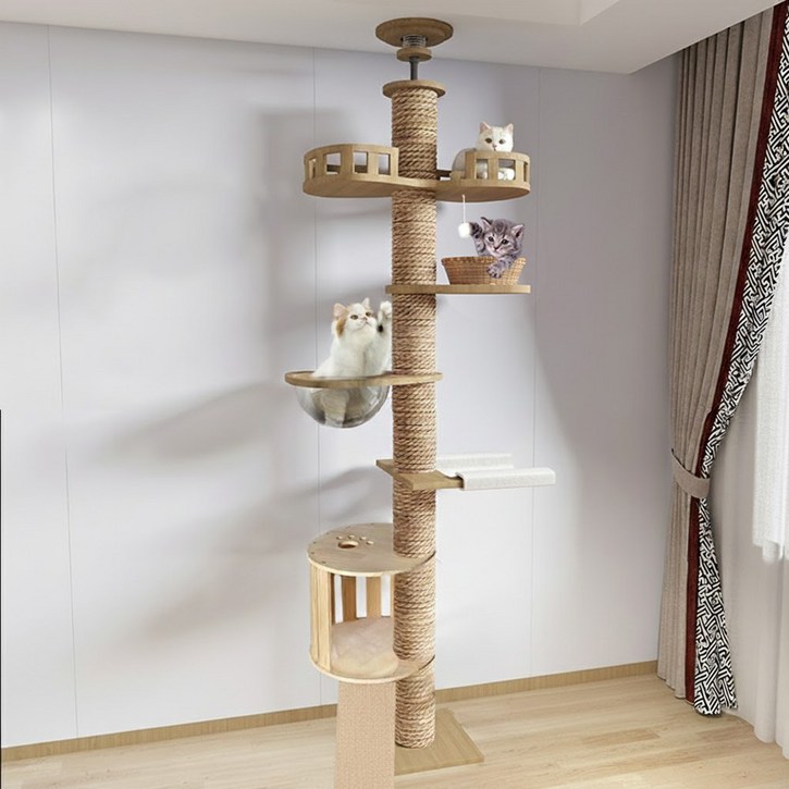 포조이 캣폴, 튼튼한 다기능 고양이 캣타워, 원목 대형 멀티 클라이밍 놀이터 링트리 등반 프레임 + 스크래쳐 + 고양이장난감