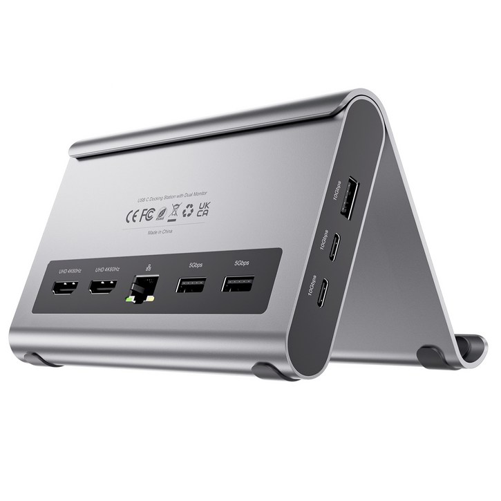 PULWTOP 11-in-1 노트북 스탠드 도킹 스테이션 (듀얼 4K@60Hz HDMI, 10Gbps USB-C/A, 기가비트 이더넷 지원) - 서피스 프로 및 윈도우 노트북용, Gray, 1개