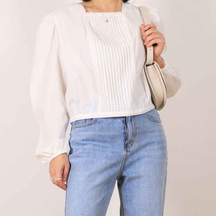 애니브 스퀘어넥 블라우스 봄 코디 하객룩 핀턱 퍼프 크롭 블라우스 여친룩