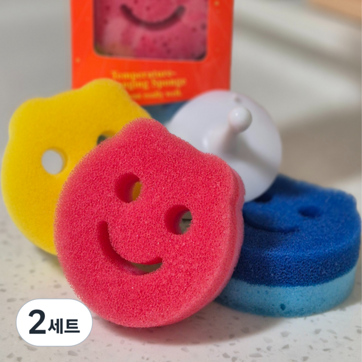 코지톡 양면 스마일스크럽 수세미 주방 설거지 스펀지 흡착홀더, 2세트, 3개입
