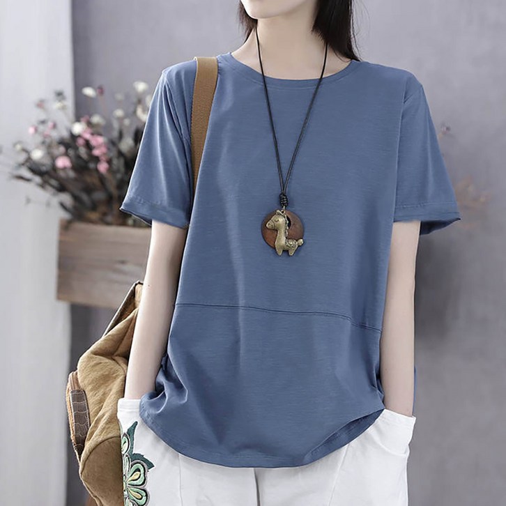 마켓에이 여성용 루즈핏 데일리 미시 반팔 티셔츠 블루 M - 쇼핑뉴스