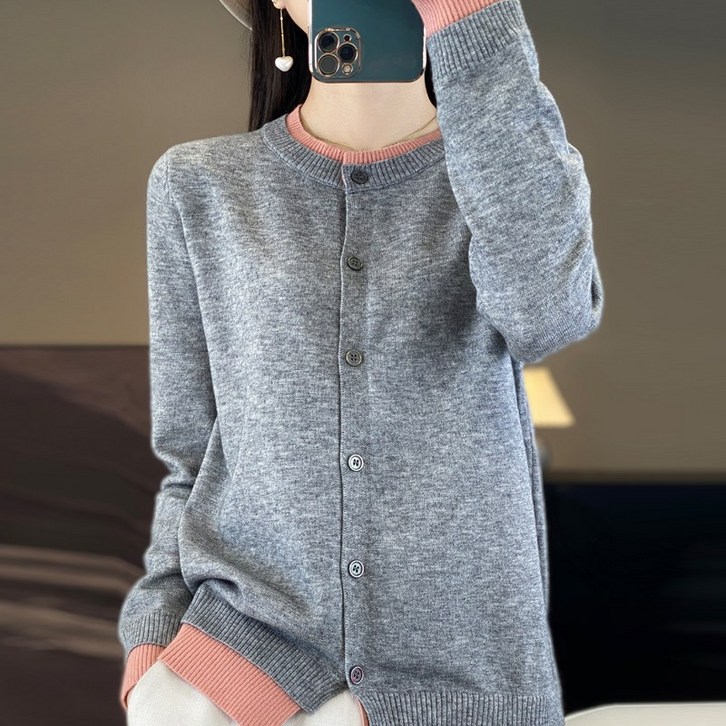 큰귀멍멍 여성용 소프트 컴포트 캐주얼 여성 카디건 투톤 라운드 가디건