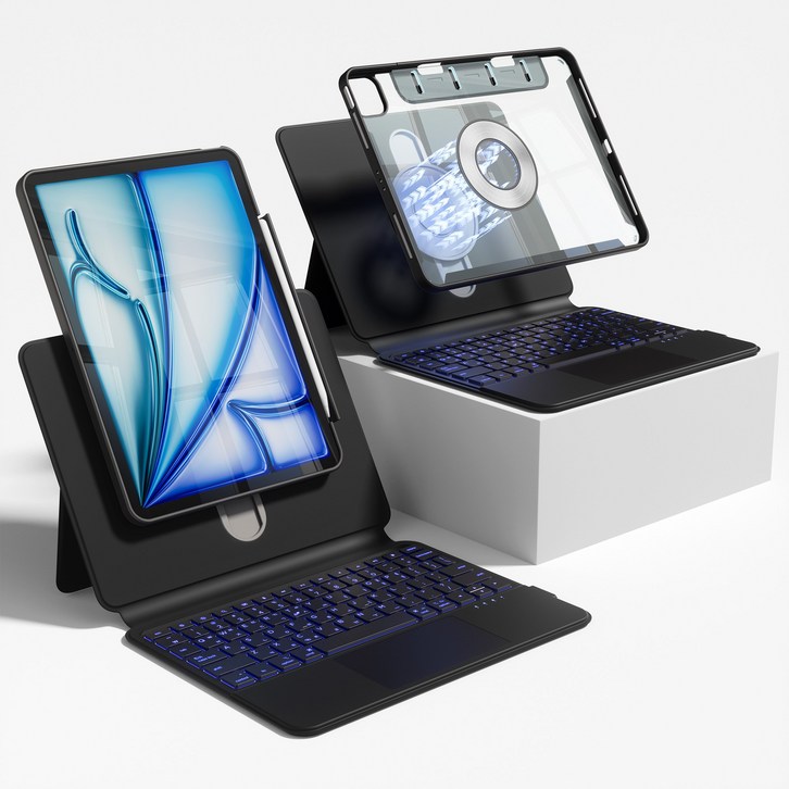 AITEWO 아이패드 매직키보드 케이스 펜슬 수납 360도회전 일체형 맥세이프 세로 가로 트랙패드 에어7654321세대 프로 1110.91312.9인치, 블랙, 아이패드 프로 7세대 M4 11인치, 1개