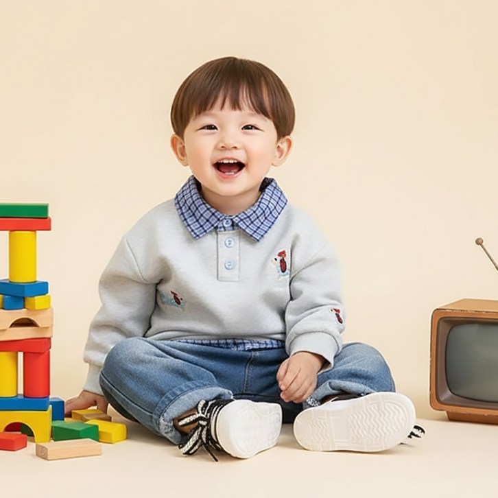 몽실이 체크셔츠 레이어드 상하복 가을 봄 아동 남아용 상하세트 자수 맨투맨 데님팬츠 외출복