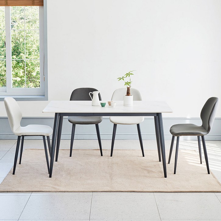 유씨엠 천연 포세린 통 세라믹 4인 식탁세트 (테이블+의자4), 레이나 화이트 베이지 4EA