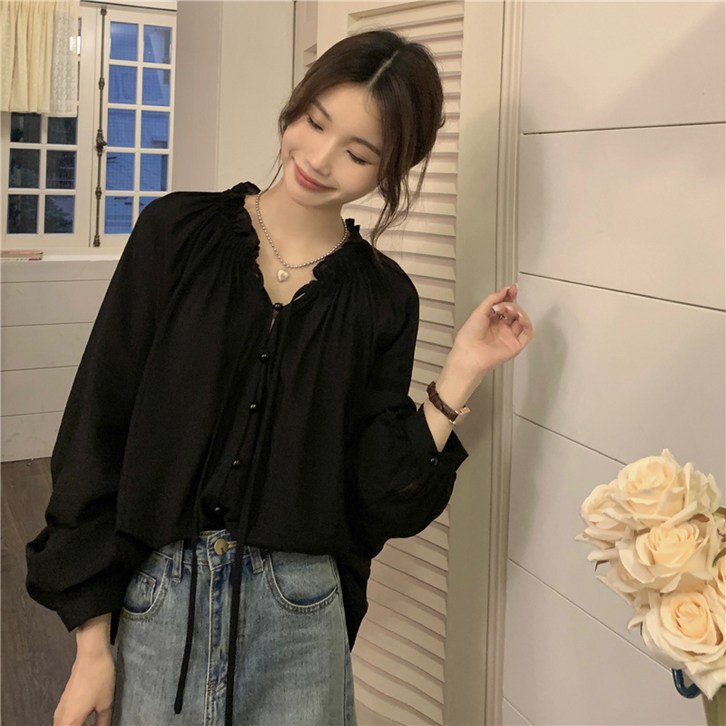 여성용 봄가을 루즈핏 긴소매 레이스업 셔츠 버튼 장식 캐주얼 블라우스rll