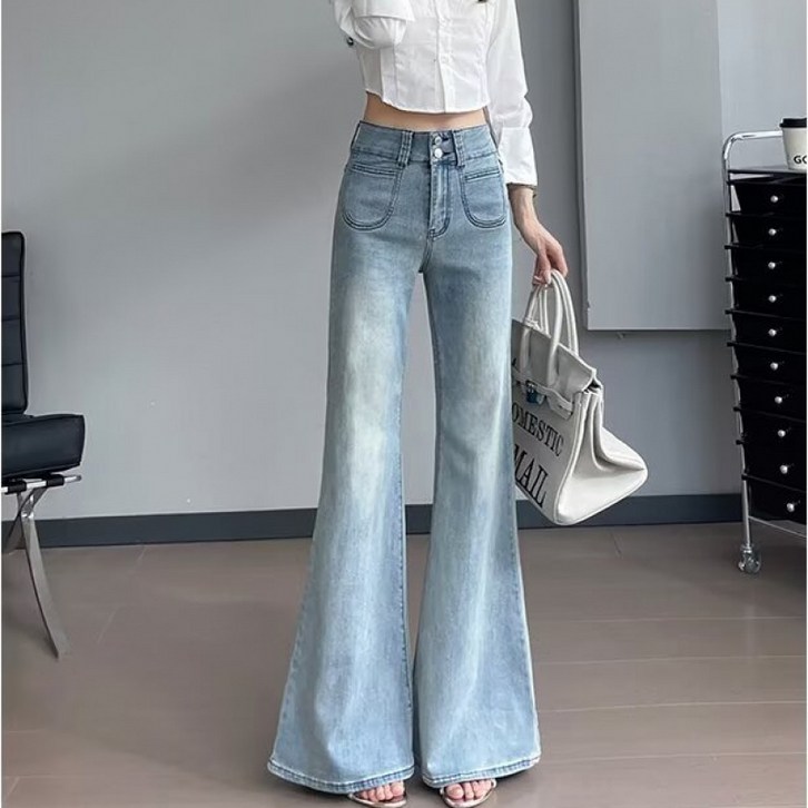 SAHINER 여성 빈티지 봄가을 투버튼 하이웨이스트 부츠컷 데님 팬츠 LBNZ39